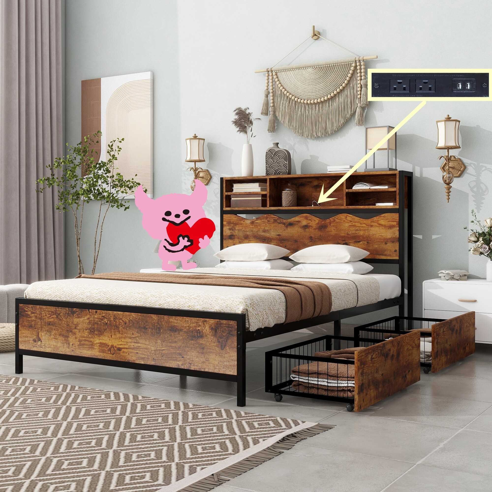 Rustic Bookcase Bed Frame with Power Outlets 2 Storage Drawers